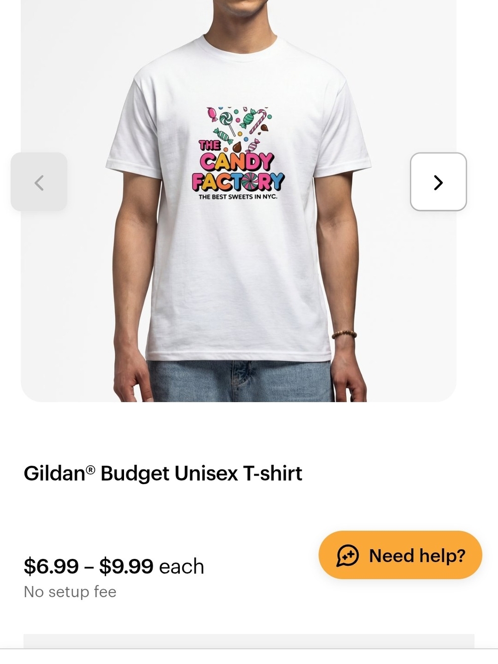 Gildan White T-Shirt with Colorful "The Candy Factory" Graphic